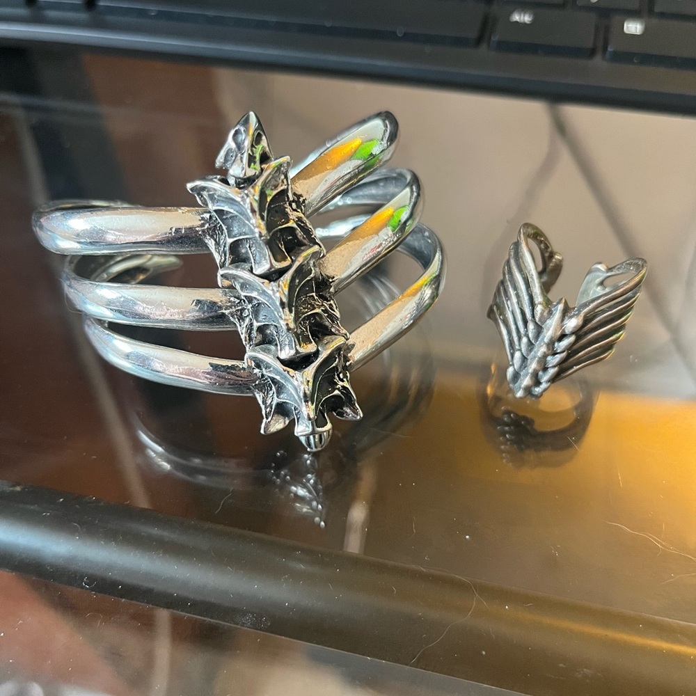 Adjustable sterling silver ribcage ring and bracelet set